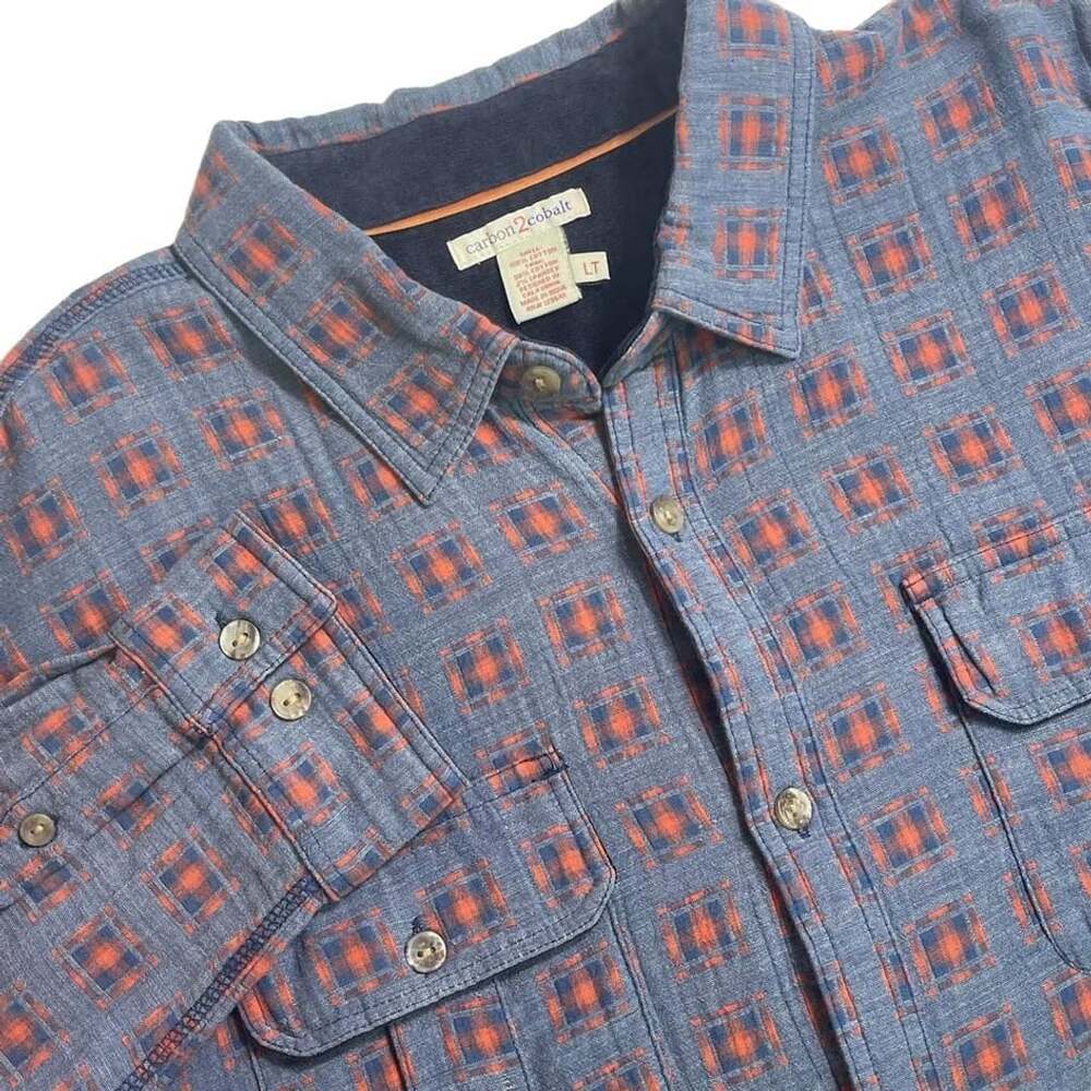 Carbon 2 Cobalt Long Sleeve Button-Up Shirt Blue Red Plaid Geometric Pattern LT